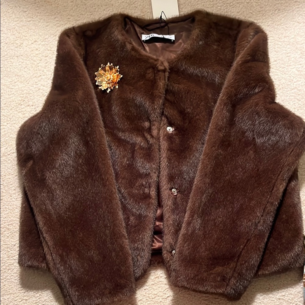 Zara Fur Coat with Flower Pin